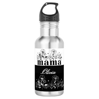 Minimalistisches Schwarz-Weiß-Wildblumen-Mama-Einz Edelstahlflasche
