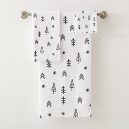 Minimalistisches Schwarz-Weiß-Winterwaldmuster Badhandtuch Set