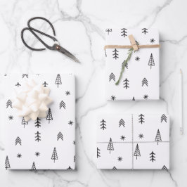 Minimalistisches Schwarz-Weiß-Winterwaldmuster Geschenkpapier Set