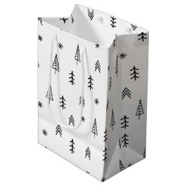 Minimalistisches Schwarz-Weiß-Winterwaldmuster Mittlere Geschenktüte