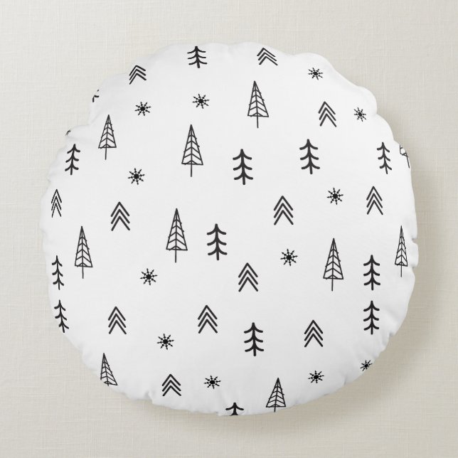 Minimalistisches Schwarz-Weiß-Winterwaldmuster Rundes Kissen (Vorderseite)