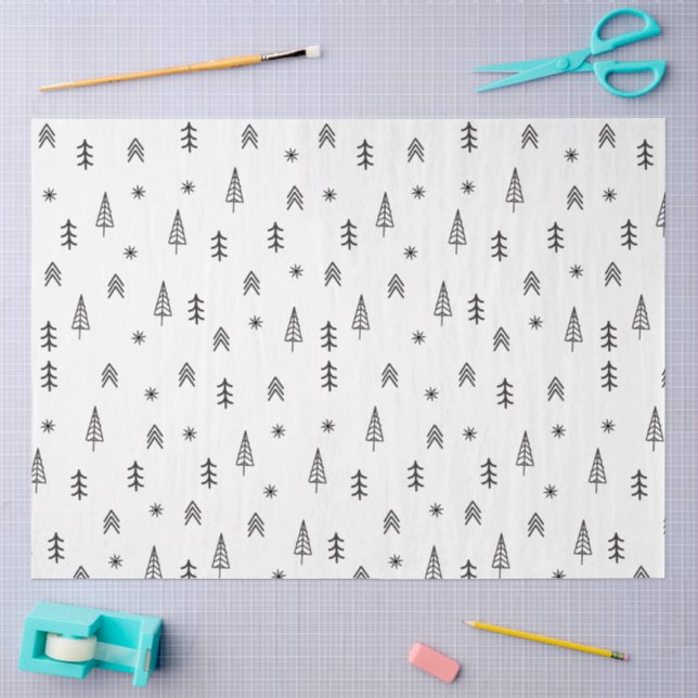 Minimalistisches Schwarz-Weiß-Winterwaldmuster Seidenpapier (Basteln)