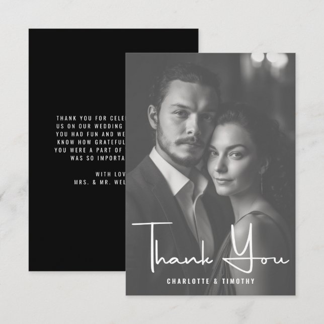 Minimalistisches Schwarz-weißes Script-Hochzeitssk Dankeskarte (Vorne/Hinten)