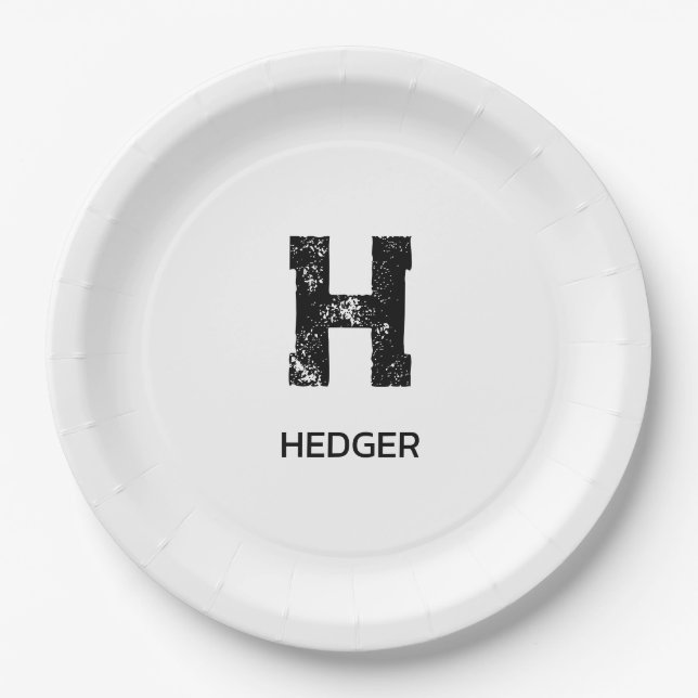 MINIMALISTISCHES SCHWARZES EIN-BUCHSTABEN-MONOGRAM PAPPTELLER (Vorderseite)