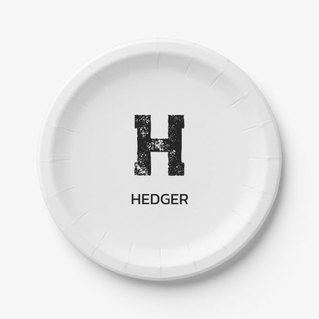 MINIMALISTISCHES SCHWARZES EIN-BUCHSTABEN-MONOGRAM PAPPTELLER (Vorderseite)