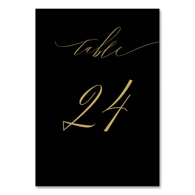 Minimalistisches Schwarzes Gold Elegantes Script 2 Tischnummer (Vorderseite)