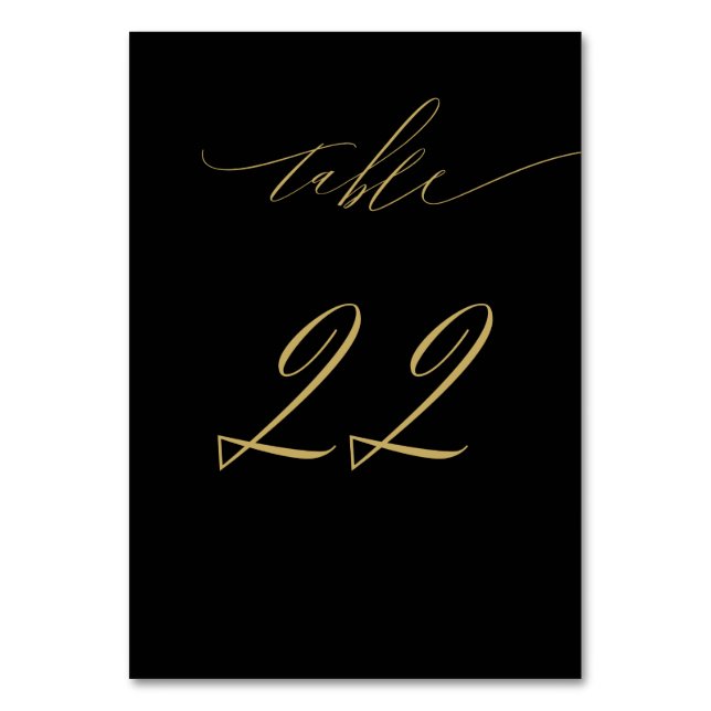 Minimalistisches Schwarzes Gold Elegantes Script 2 Tischnummer (Vorderseite)