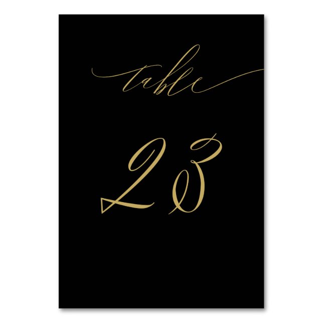 Minimalistisches Schwarzes Gold Elegantes Script 2 Tischnummer (Vorderseite)