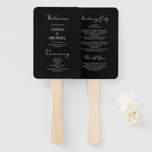 Minimalistisches Schwarzes Hochzeitsprogramm für K Fächer (Vorne und Hinten)