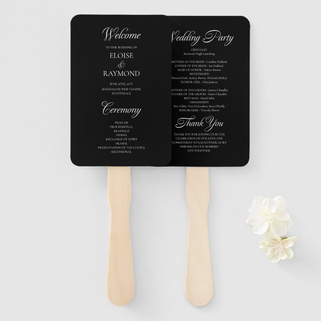 Minimalistisches Schwarzes Hochzeitsprogramm für K Fächer (Vorne und Hinten)