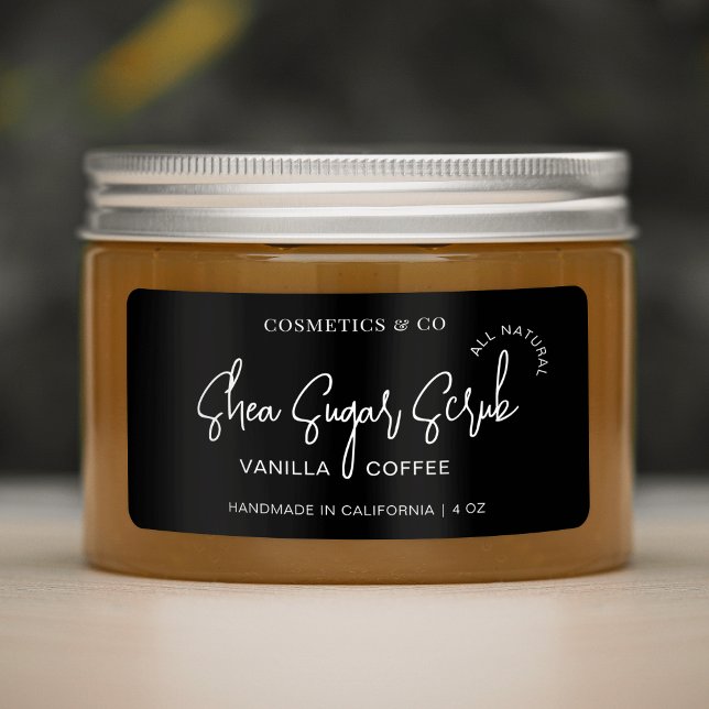 Minimalistisches Schwarzkörperchen-Kosmetikartikel Adressaufkleber (Modern black sugar scrub jar labels with fully editable text & colors )