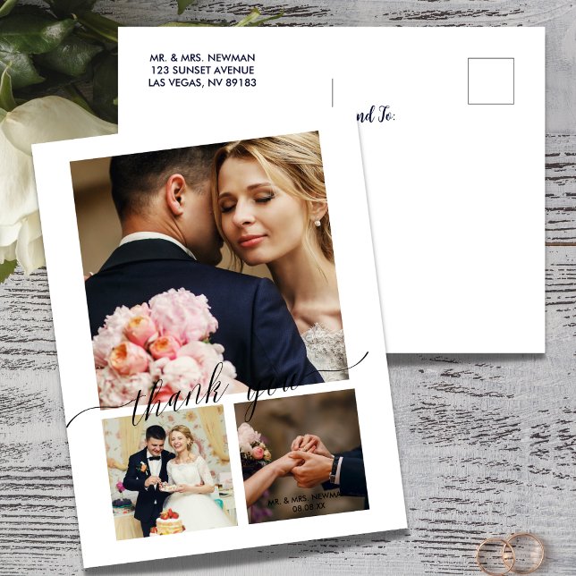 Minimalistisches Script 3 Foto Hochzeit Vielen Dan Postkarte (Von Creator hochgeladen)