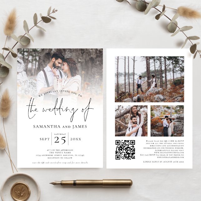 Minimalistisches Script 4 Foto QR Code Hochzeit Einladung (Von Creator hochgeladen)