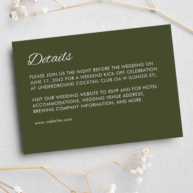 Minimalistisches Script Army Green Wedding Begleitkarte (Von Creator hochgeladen)