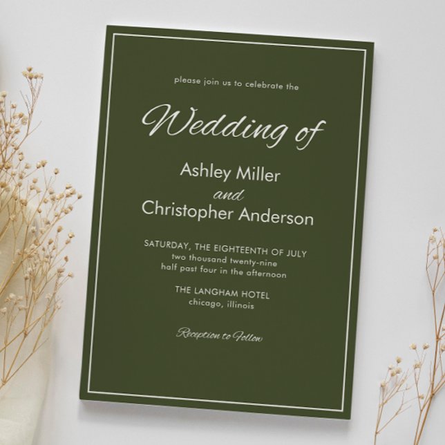 Minimalistisches Script Army Green Wedding Einladung (Von Creator hochgeladen)