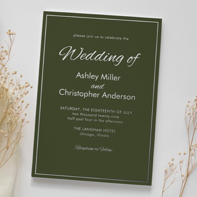 Minimalistisches Script Army Green Wedding Folieneinladung (Von Creator hochgeladen)