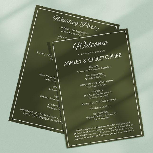 Minimalistisches Script Army Green Wedding Programm (Von Creator hochgeladen)