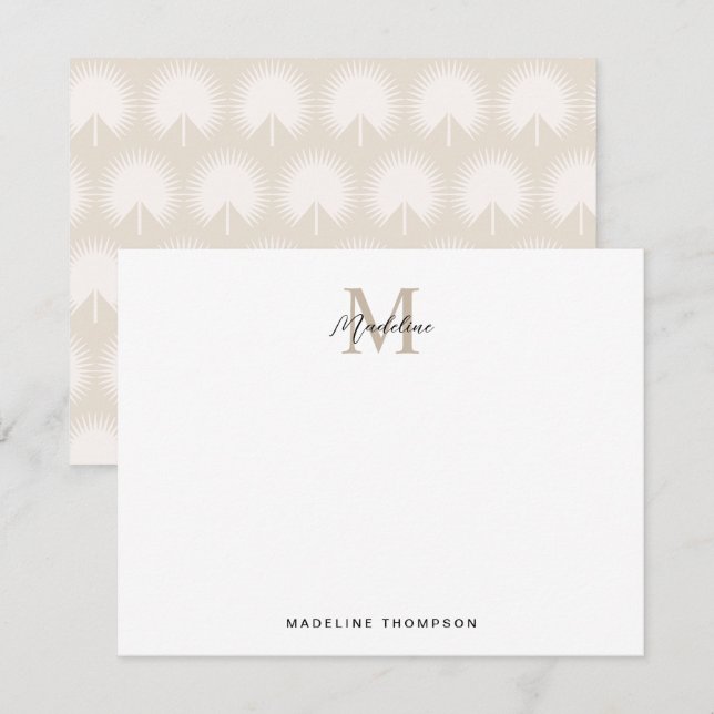 Minimalistisches Script Beige Anahaw-Blätter Monog Mitteilungskarte (Vorne/Hinten)