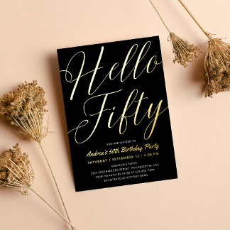 Minimalistisches Script Black Hello 5Birthday Gold Folieneinladung