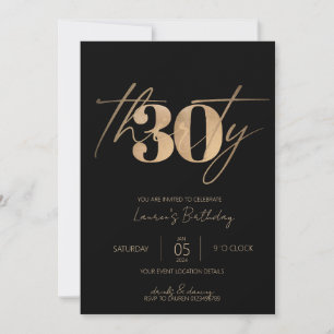Minimalistisches Script Black und Gold 30. Geburts Einladung