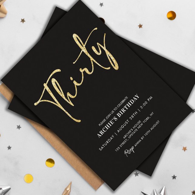 Minimalistisches Script Black und Gold 30. Geburts Einladung (30th birthday invitation handwritten script modern black gold glitter)