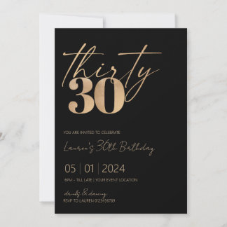 Minimalistisches Script Black und Gold 30. Geburts Einladung