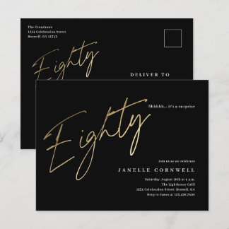 Minimalistisches Script Black und Gold 80. Geburts Postkarte