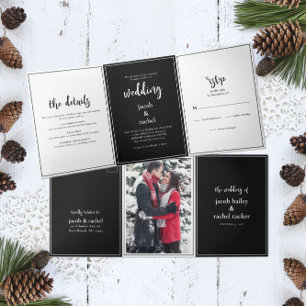 Minimalistisches Script Black & White Wedding Dreifach Gefaltete Einladung