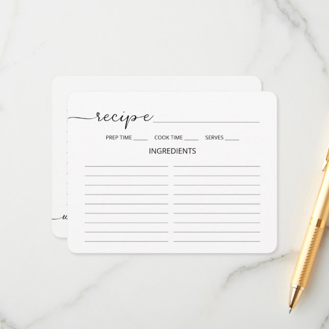 Minimalistisches Script Brautparty Rezept Card. Begleitkarte (Vorderseite/Rückseite Beispiel)