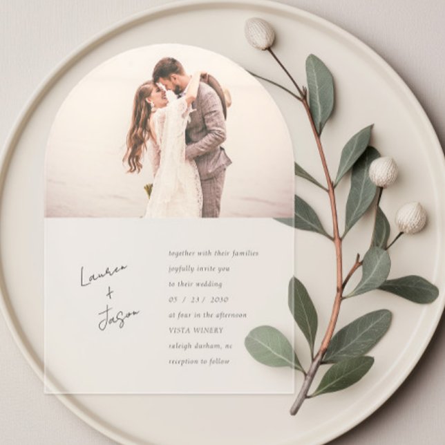 Minimalistisches Script Calligraphy Foto Boho Wedd Acryleinladungen (Von Creator hochgeladen)
