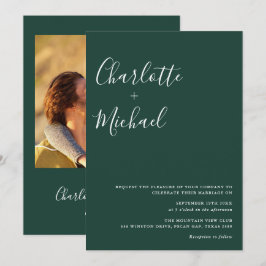 Minimalistisches Script Emerald Green Foto Hochzei Einladung