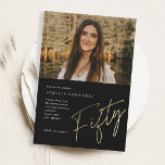 Minimalistisches Script Gold 50. Foto Geburtstag Magneteinladung<br><div class="desc">Moderne minimalistische 50. Geburtstagsfeier Einladung mit stilvollen Imitate Gold-Folie Nummer handgeschriebene Drehbuch Fifty und Ihre Party-Details in klassischen Serif-Schriftart auf schwarzem Hintergrund,  einfach und elegant,  große Überraschung Erwachsenengeburteinladung für Männer und Frauen.</div>
