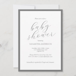 Minimalistisches Script Gray Baby Dusche Einladung