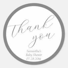 Minimalistisches Script Gray Baby Dusche Runder Aufkleber