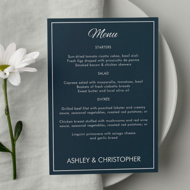 Minimalistisches Script Gunmetal Blue Wedding Empf Menükarte (Von Creator hochgeladen)