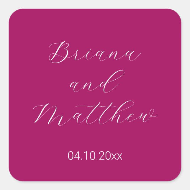 Minimalistisches Script Magenta Wedding Quadratischer Aufkleber (Vorderseite)