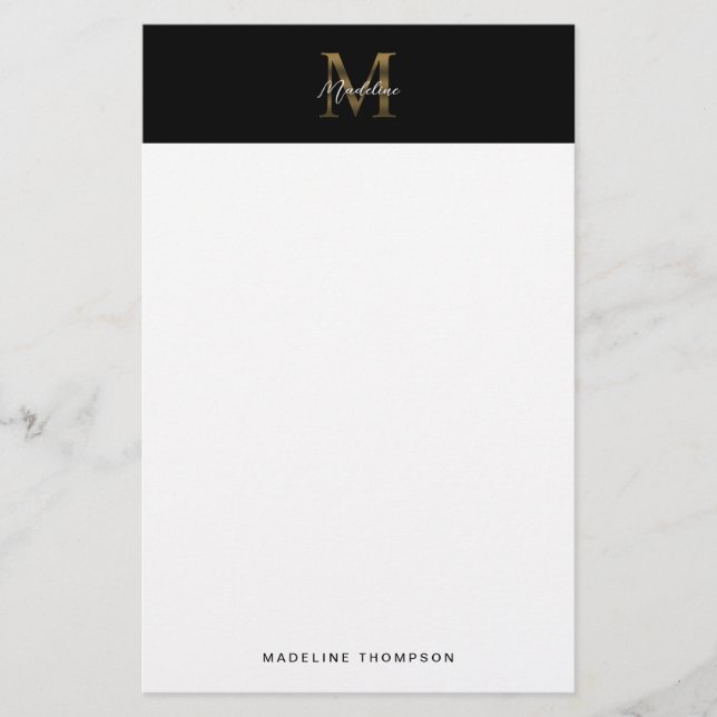 Minimalistisches Script-Metallic-Black-Gold-Monogr Briefpapier (Vorderseite)
