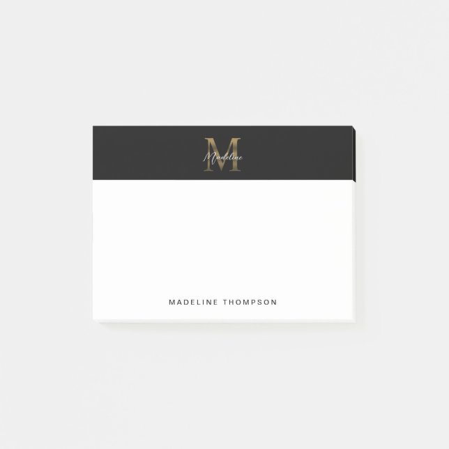 Minimalistisches Script-Metallic-Black-Gold-Monogr Post-it Klebezettel (Vorderseite)