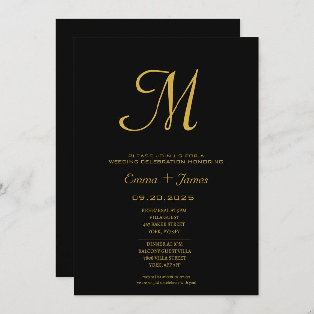 Minimalistisches Script Monogram Black Gold Weddin Einladung (Vorne/Hinten)