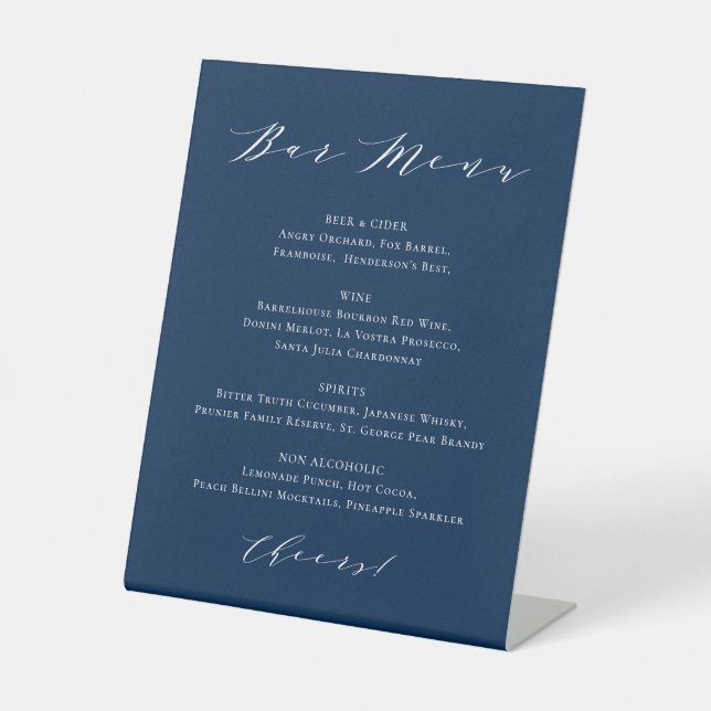 Minimalistisches Script Navy Blue Wedding Bar Menu Sockelschild (Vorderseite)