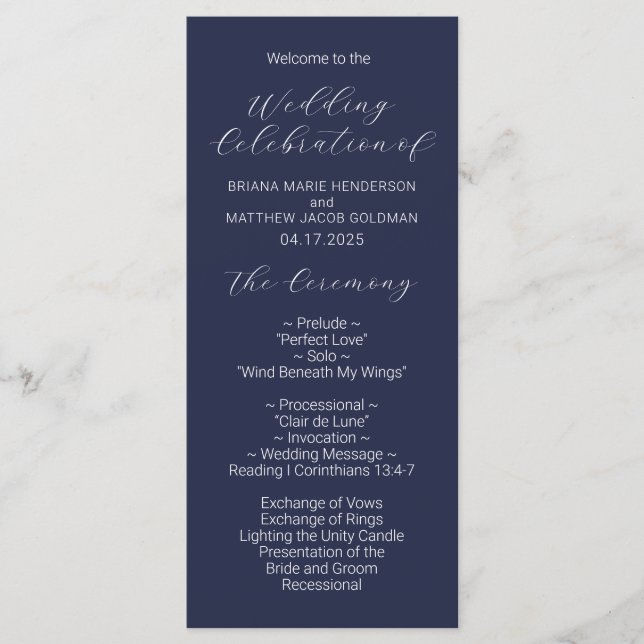 Minimalistisches Script Navy Blue Wedding Programm (Vorderseite)