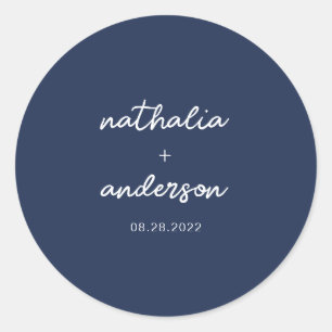 Minimalistisches Script Navy Blue Wedding Runder Aufkleber