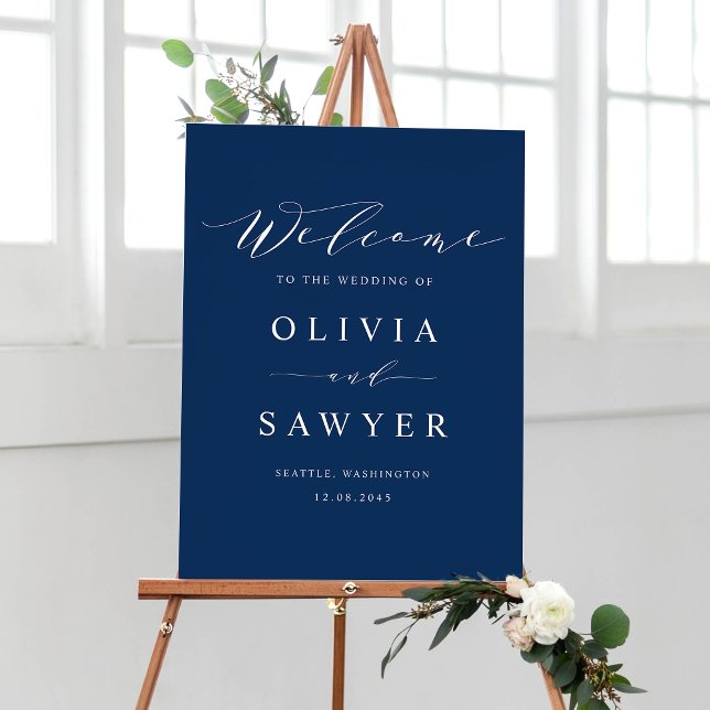 Minimalistisches Script Navy Blue Wedding Willkomm Poster (Von Creator hochgeladen)