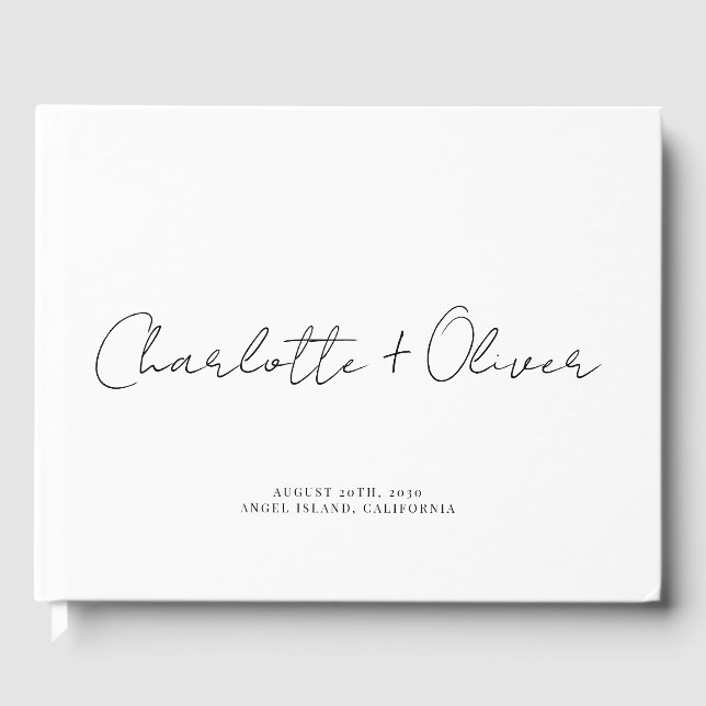Minimalistisches Script Personalisiert White Weddi Gästebuch (Vorderseite)
