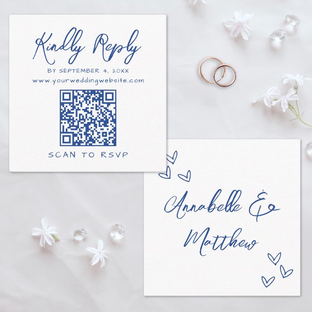 Minimalistisches Script QR Code Blue Wedding Antwo Begleitkarte (Minimalist Script QR Code Blue Wedding Reply Enclosure Card)