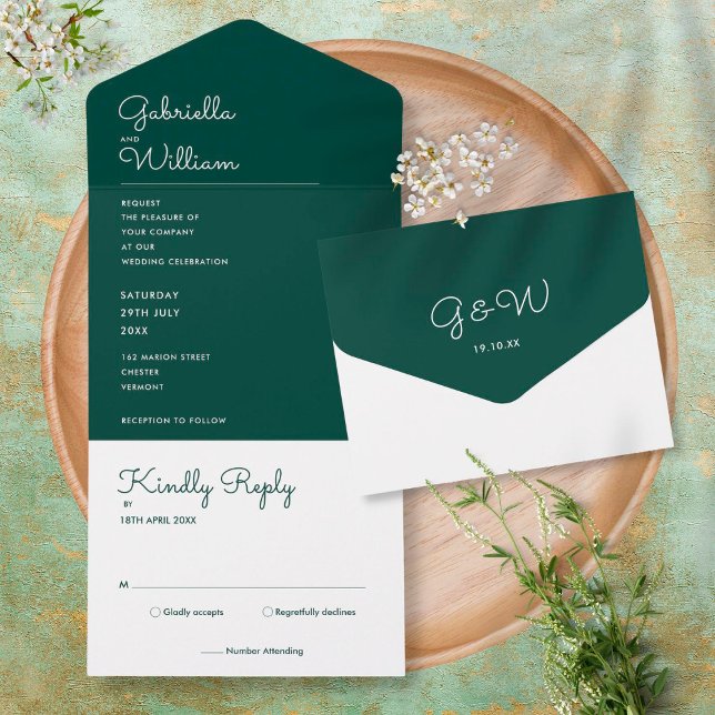 Minimalistisches Script Smarald Green Monogram Wed All In One Einladung (Von Creator hochgeladen)