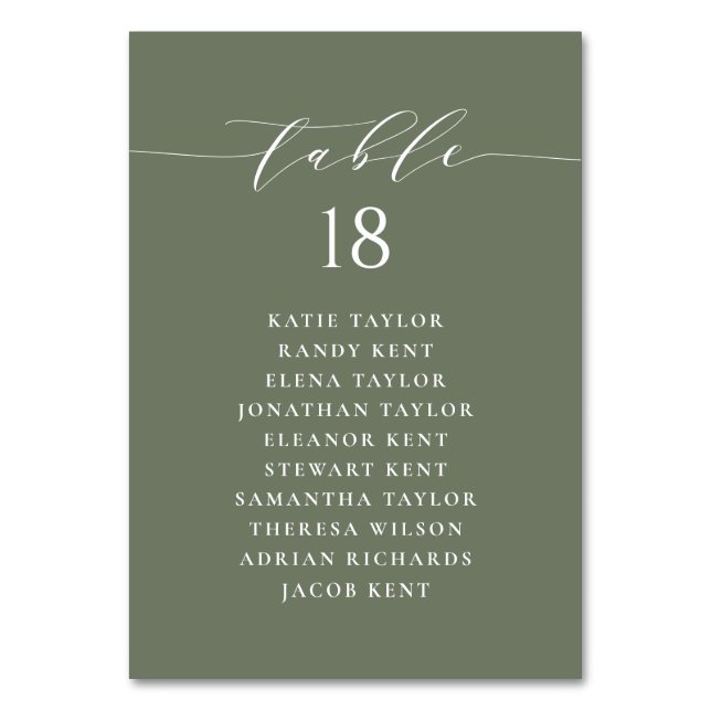 Minimalistisches Script Taupe Green Wedding Plan Tischnummer (Vorderseite)