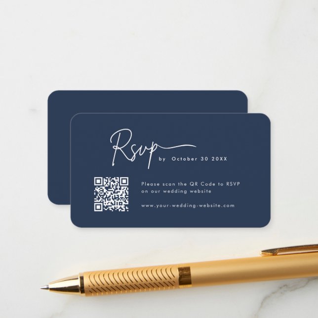 Minimalistisches Script UAwg Qr Code Navy Blue Wed Begleitkarte (Vorderseite/Rückseite Beispiel)