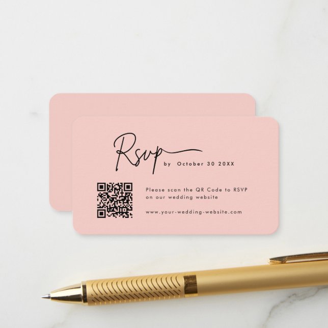 Minimalistisches Script UAwg Qr Code Rosa Hochzeit Begleitkarte (Vorderseite/Rückseite Beispiel)