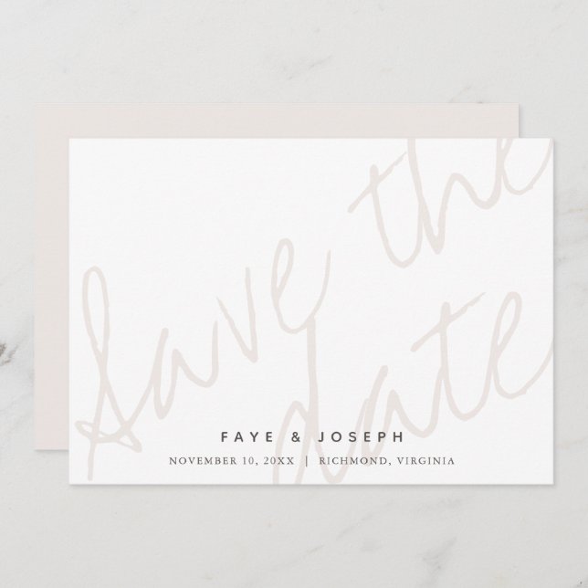 Minimalistisches Script Weiß Beige Save the Date K Einladung (Vorne/Hinten)